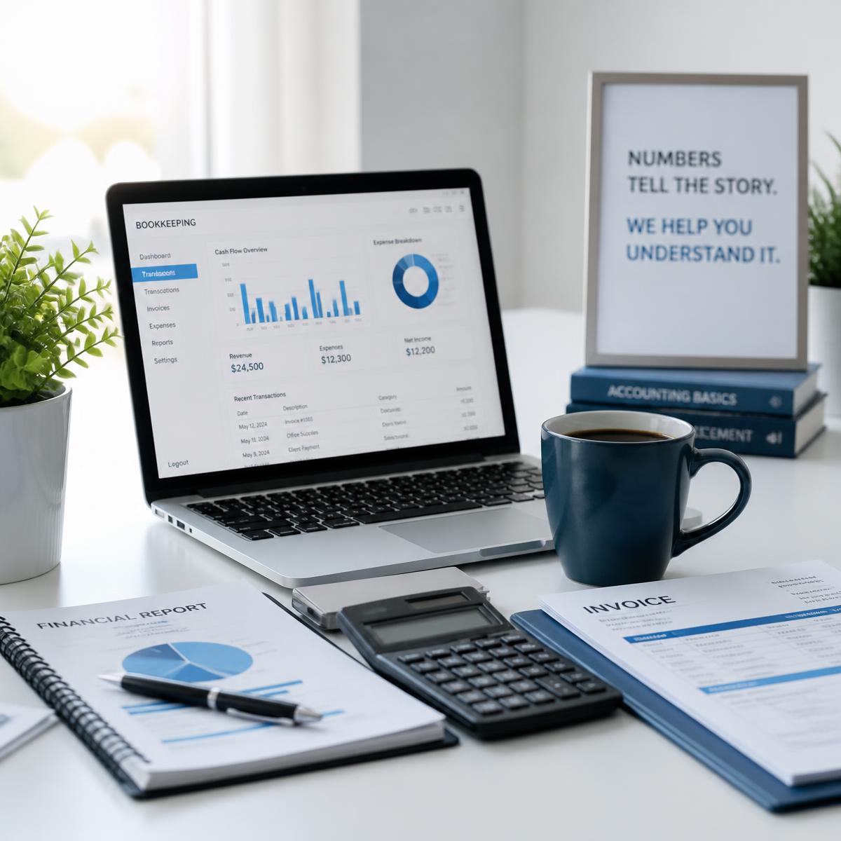 Modern bookkeeping workspace with laptop, financial reports and calculator